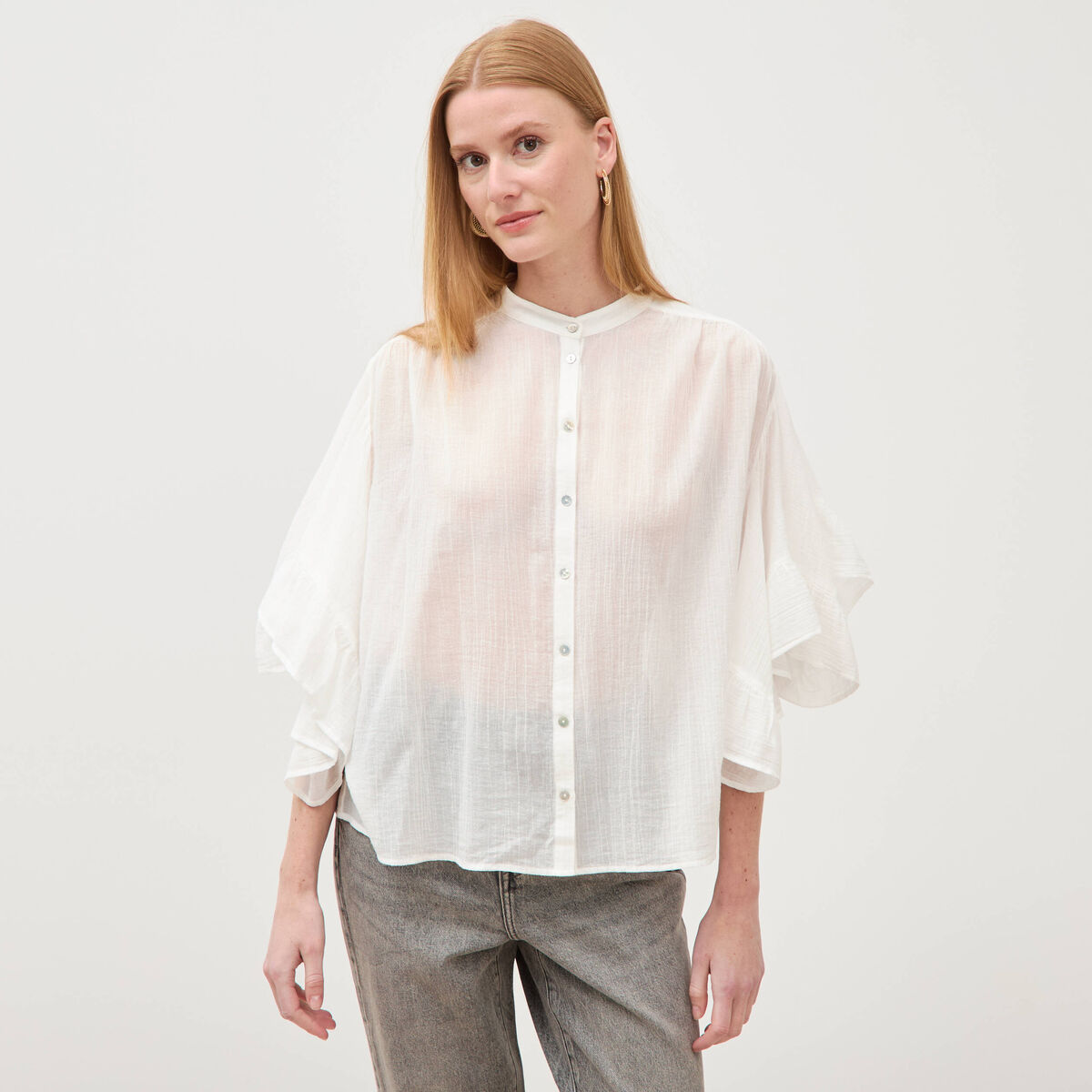 Blouse boyfriend manches coude en coton ecru femme