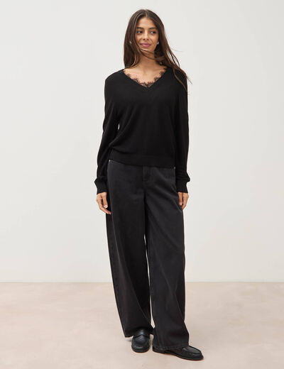 Pull droit col v manches longues noir femme