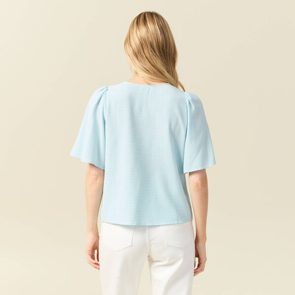 Blouse manches courtes nouée bleu pastel femme