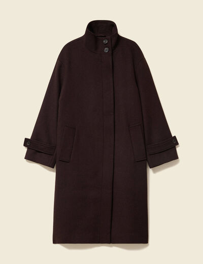 Manteau droit long col montant marron fonc&eacute; femme