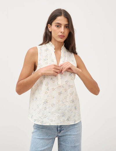 Chemise droite sans manches col montant bleu femme