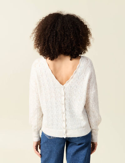 Gilet ajour&eacute; col V manches longues ecru femme