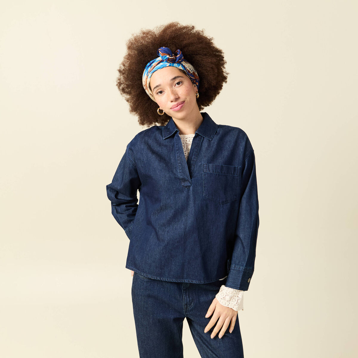 Chemise oversize en coton denim stone femme