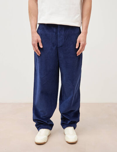 Pantalon large en velours longueur 32 bleu fonc&eacute; homme