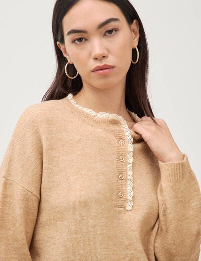 Pull col tunisien manches longues marron clair femme