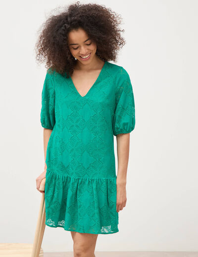 Robe dentelle col v manches coude vert femme
