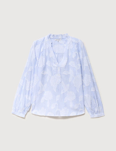 Chemise en coton col V manches longues bleu gris femme
