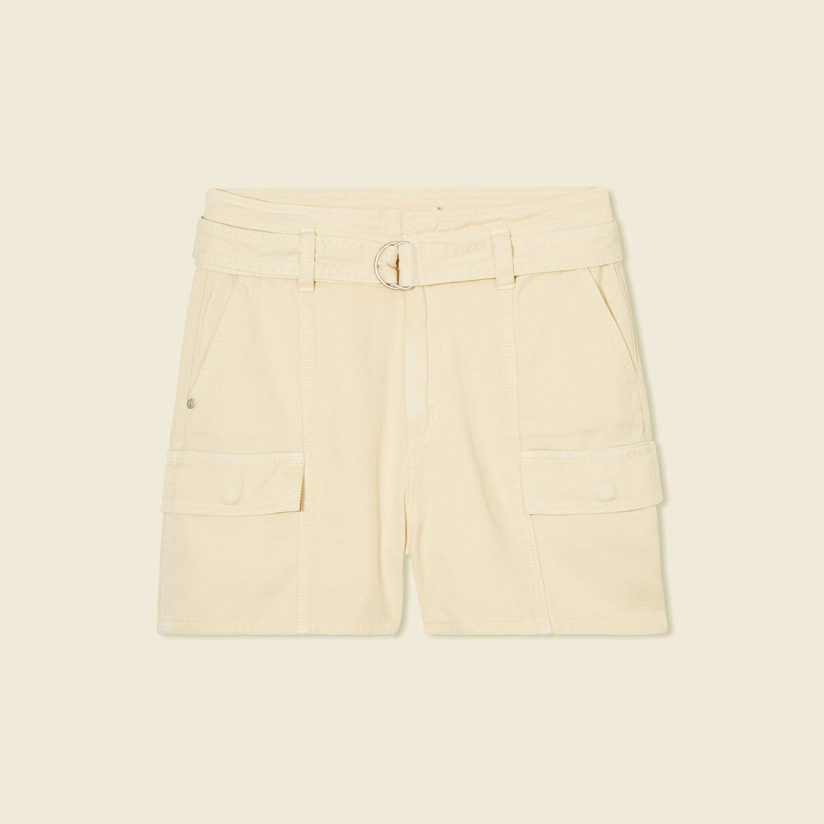 Short cargo fluide ceinturé creme femme
