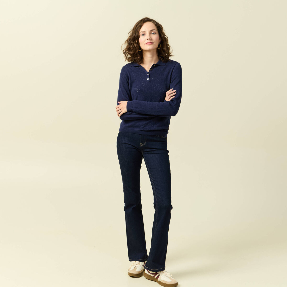 Pull ajour&eacute; manches longues en coton bleu marine femme