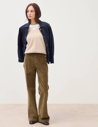 Pull droit col v manches longues creme femme