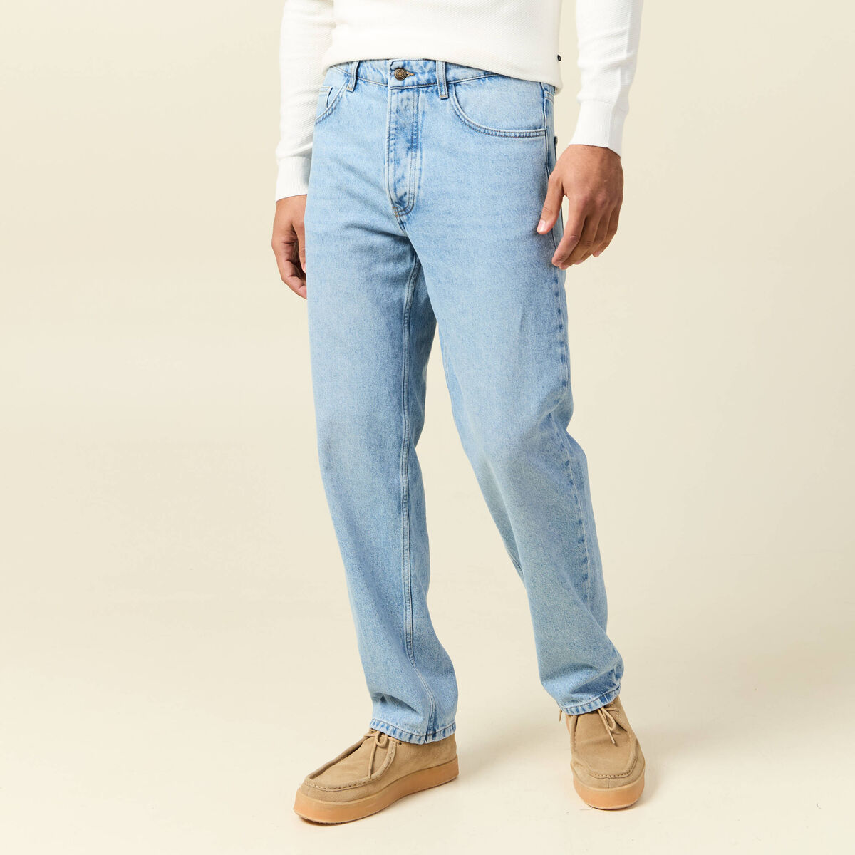 Jeans large longueur 32 en coton denim bleach homme