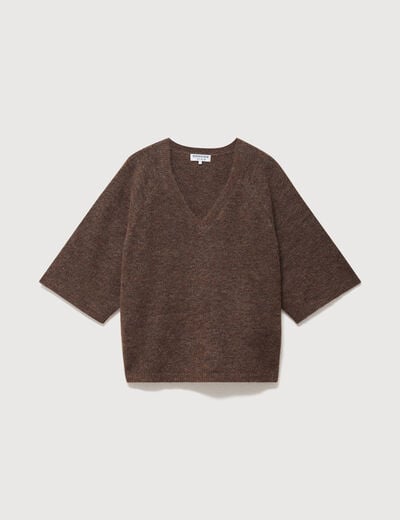 Pull droit col rond manches courtes marron femme