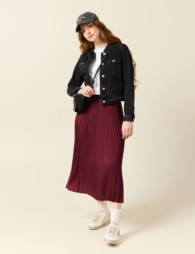 Jupe longue droite plissée bordeaux femme