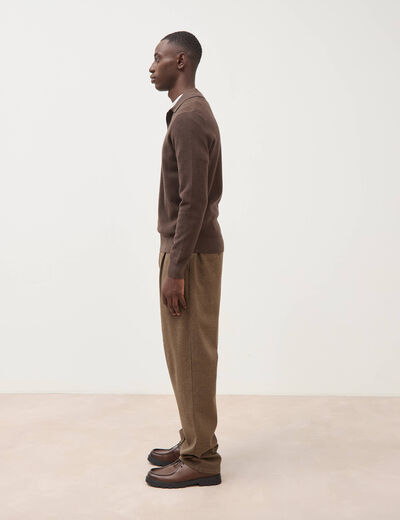 Pull droit col polo manches longues marron homme