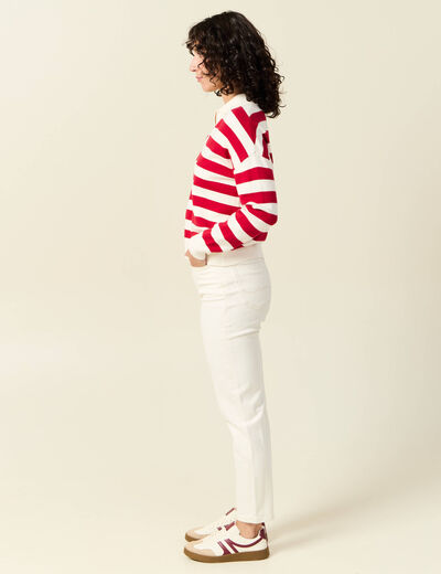 Pull manches longues col polo ecru femme