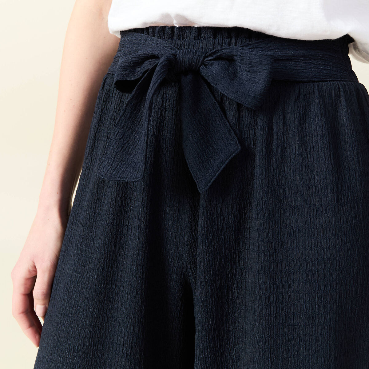 Pantalon large fluide noeud bleu marine femme