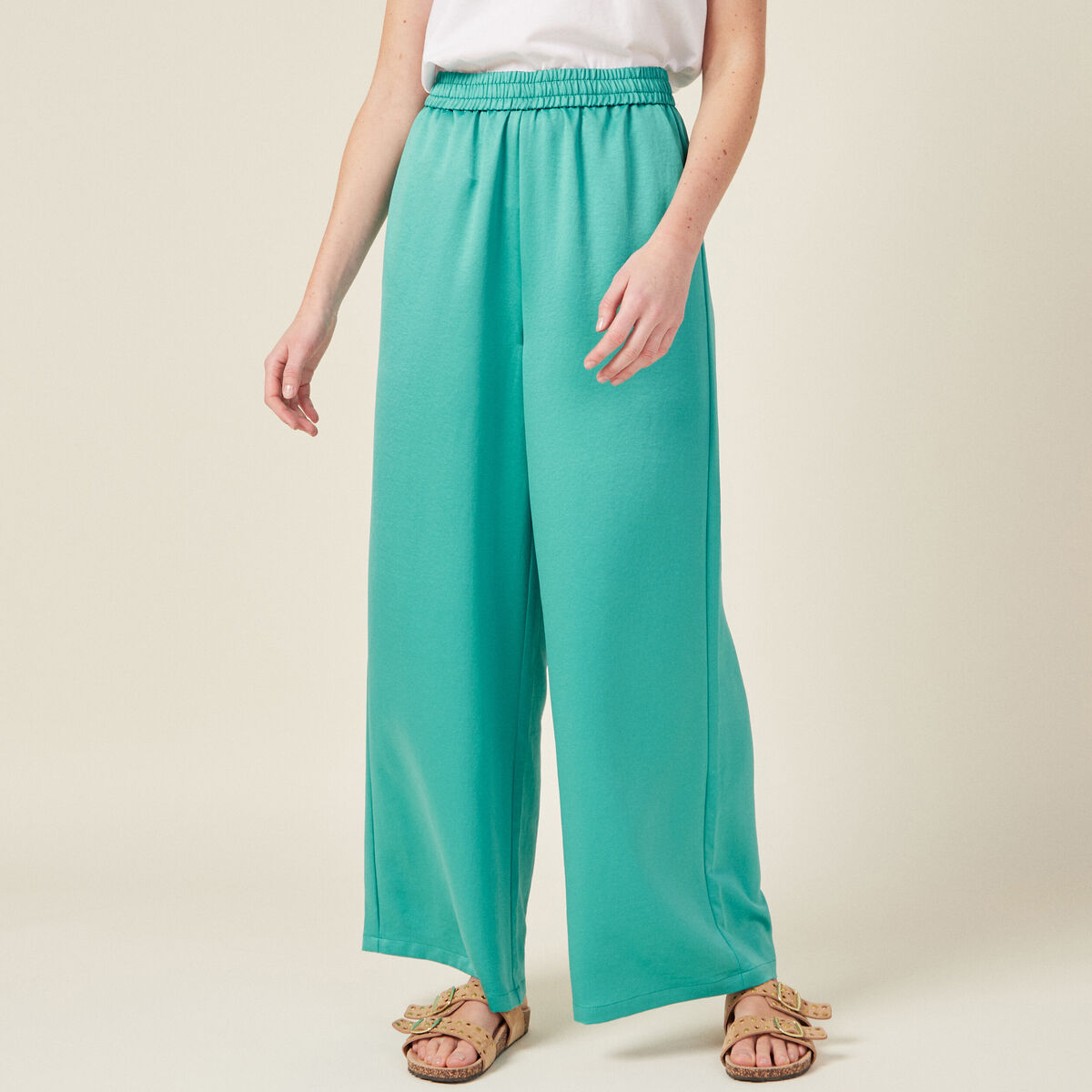 Pantalon large fluide satin bleu turquoise femme