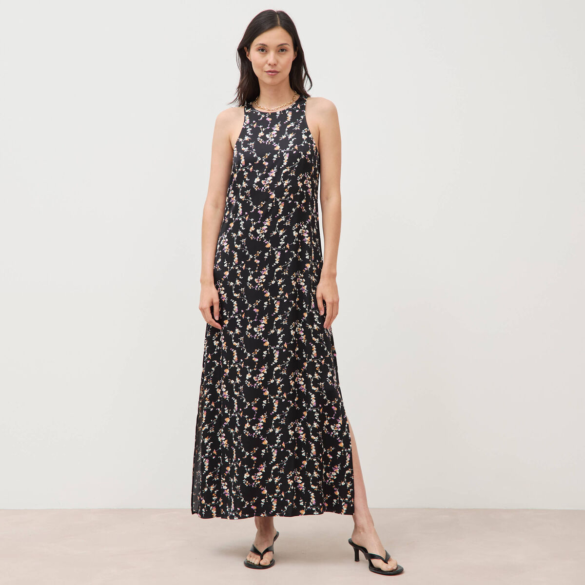 Robe longue droite sans manches noir femme
