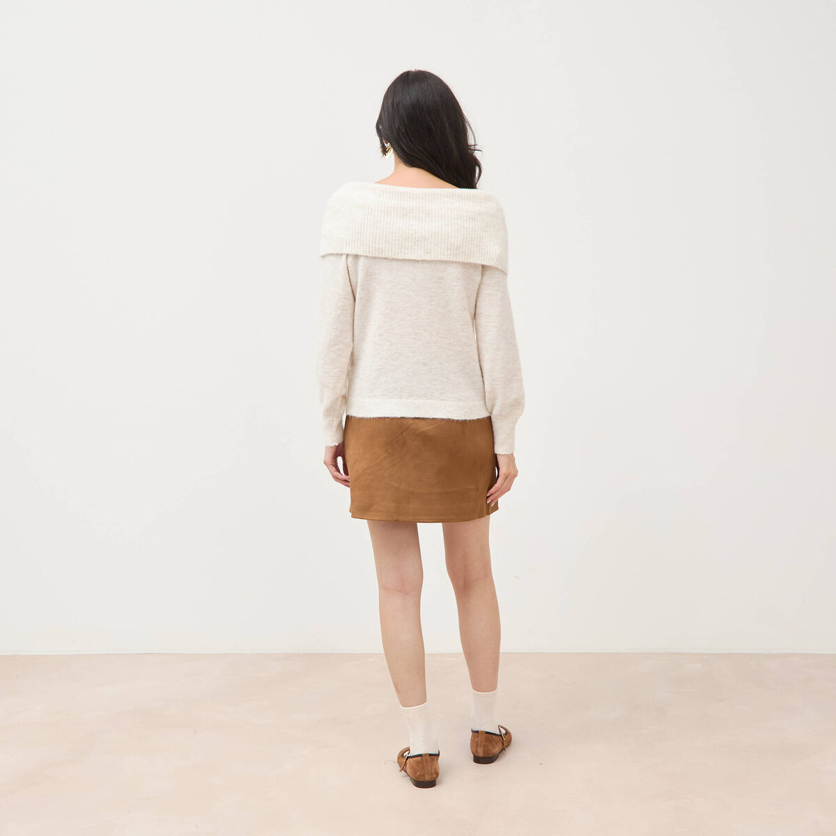 Pull droit manches longues bardot ecru femme