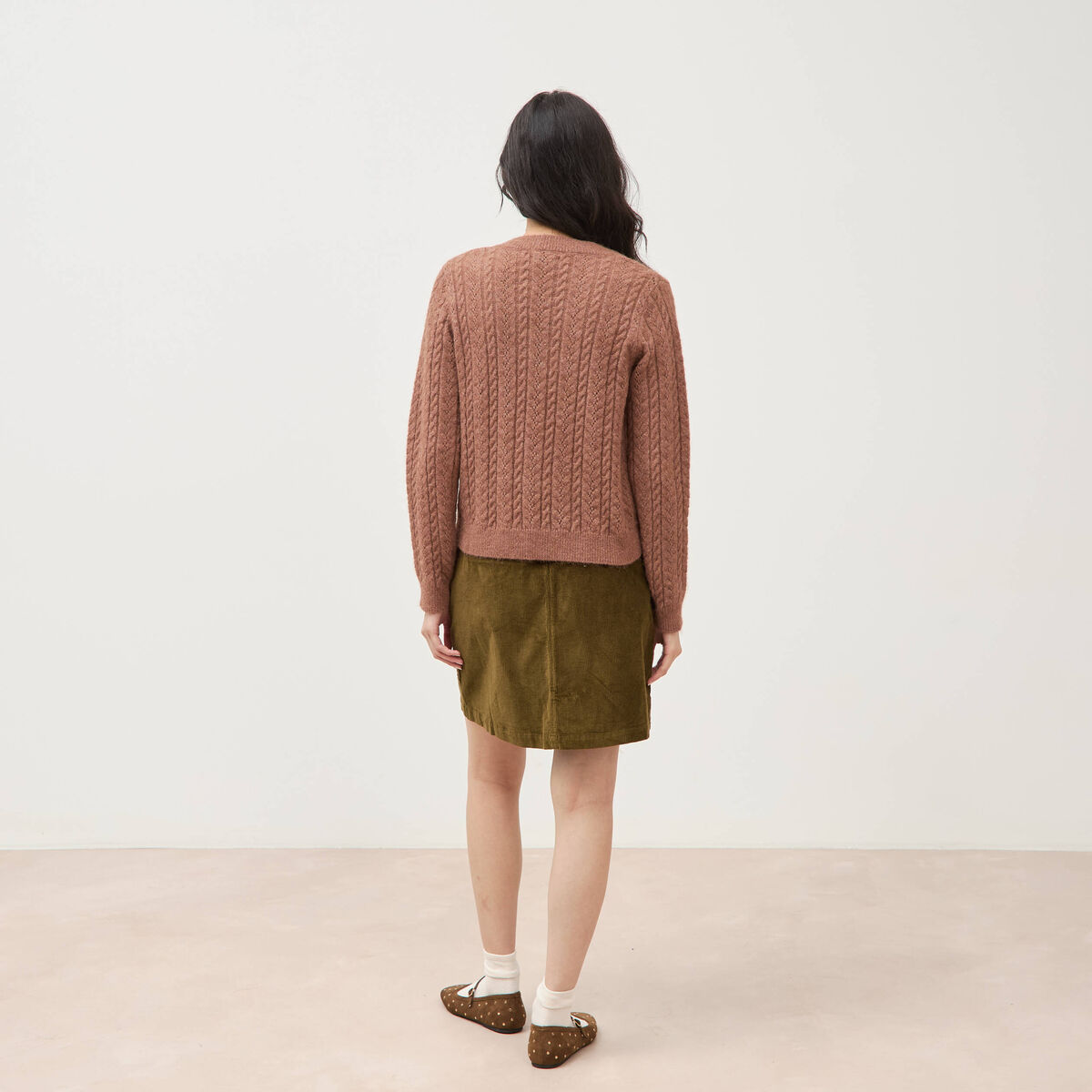 Pull droit col v manches longues marron clair femme