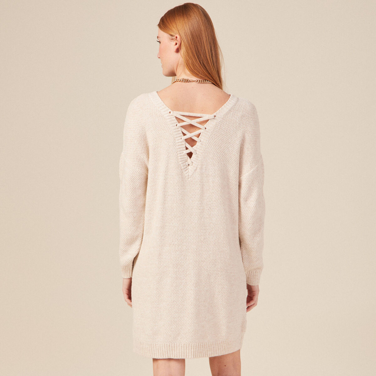 Robe pull droite torsades creme femme
