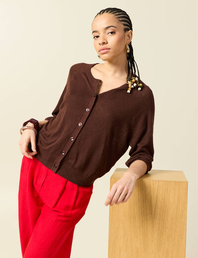 Gilet droit court manches longues marron fonc&eacute; femme