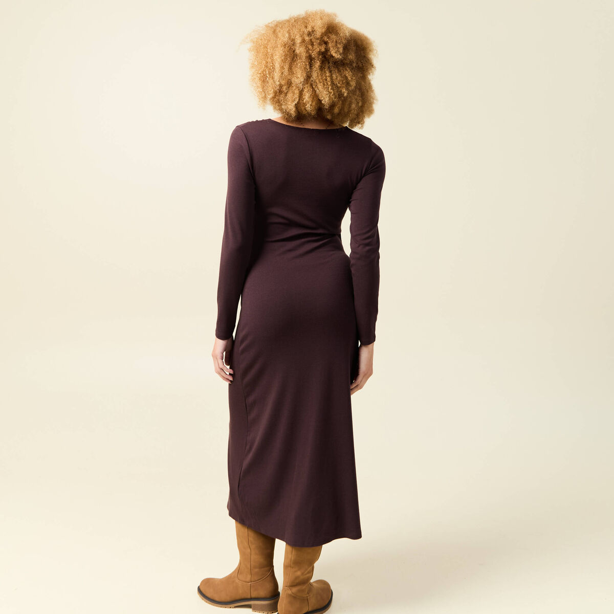 Robe manches longues en maille marron fonc&eacute; femme