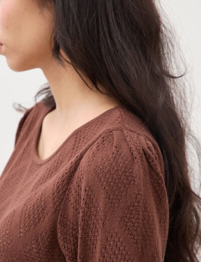Pull ajour&eacute; droit court manches courtes marron fonc&eacute; femme