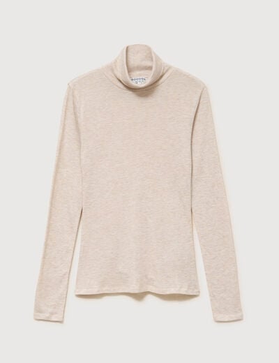 T-shirt cintr&eacute; manches longues col roul&eacute; beige femme