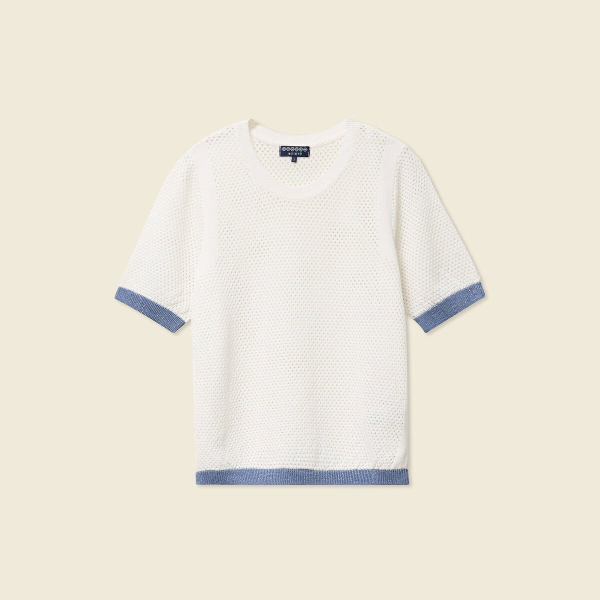 Pull manches courtes ajouré ecru femme