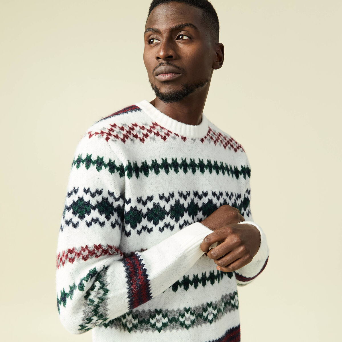 Pull manches longues col rond ecru homme
