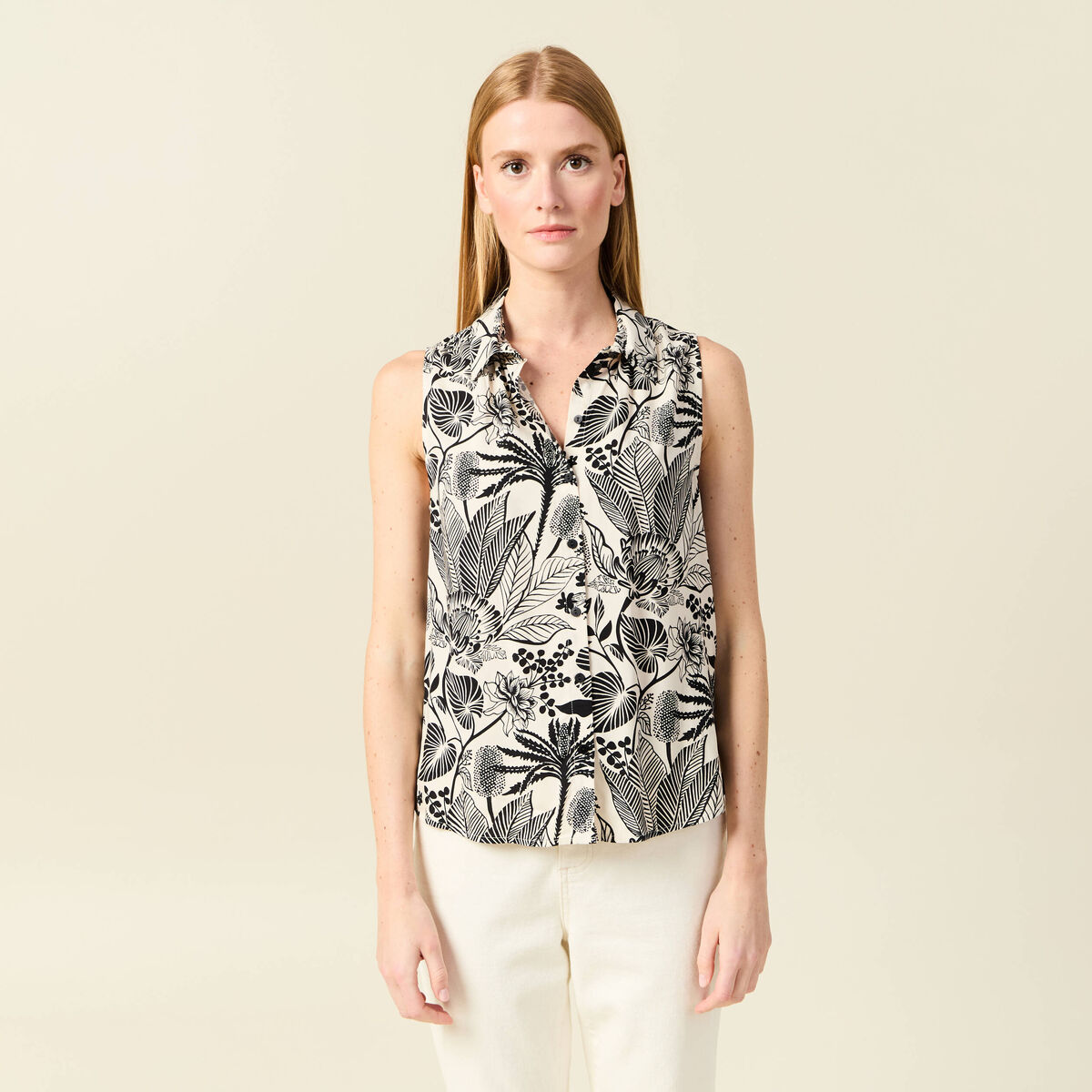 Chemise sans manches décolleté blanc femme