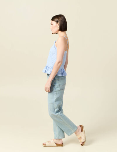D&eacute;bardeur droit court col carr&eacute; bleu gris femme