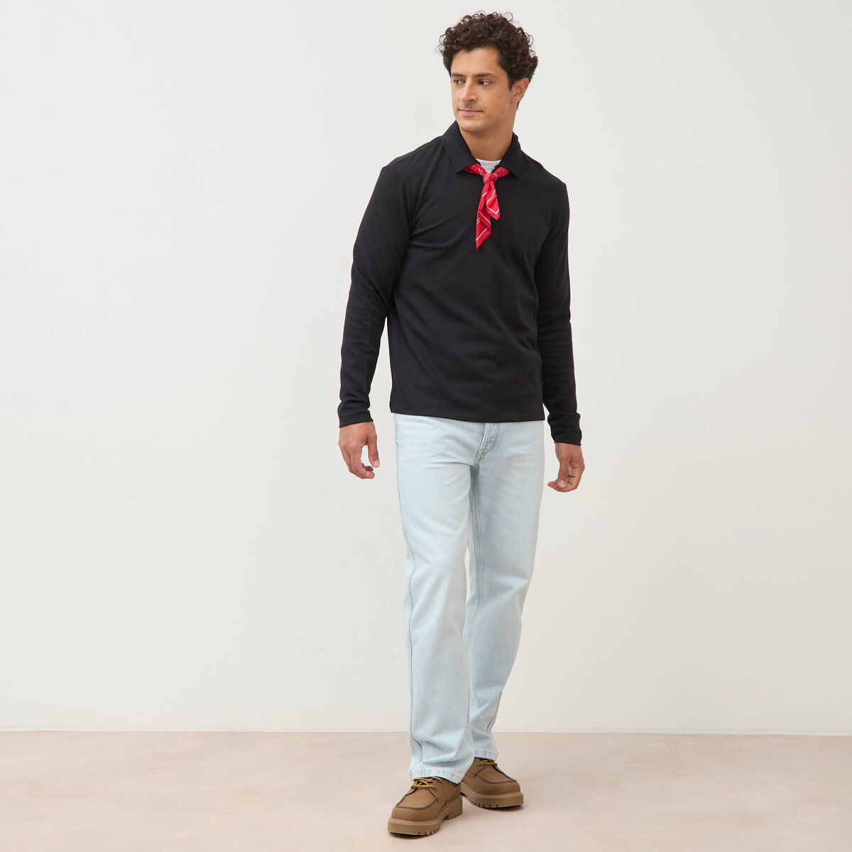Polo droit manches longues noir homme
