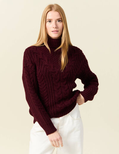 Pull manches longues col roulé rouge foncé femme