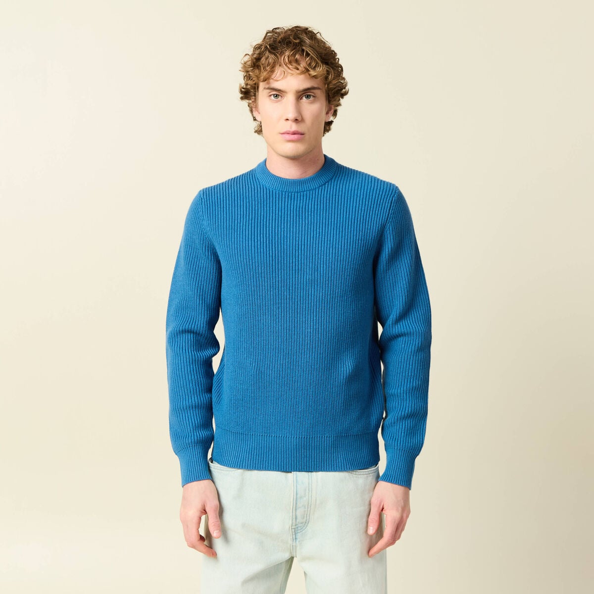 Pull fin manches longues col rond bleu fonc&eacute; homme