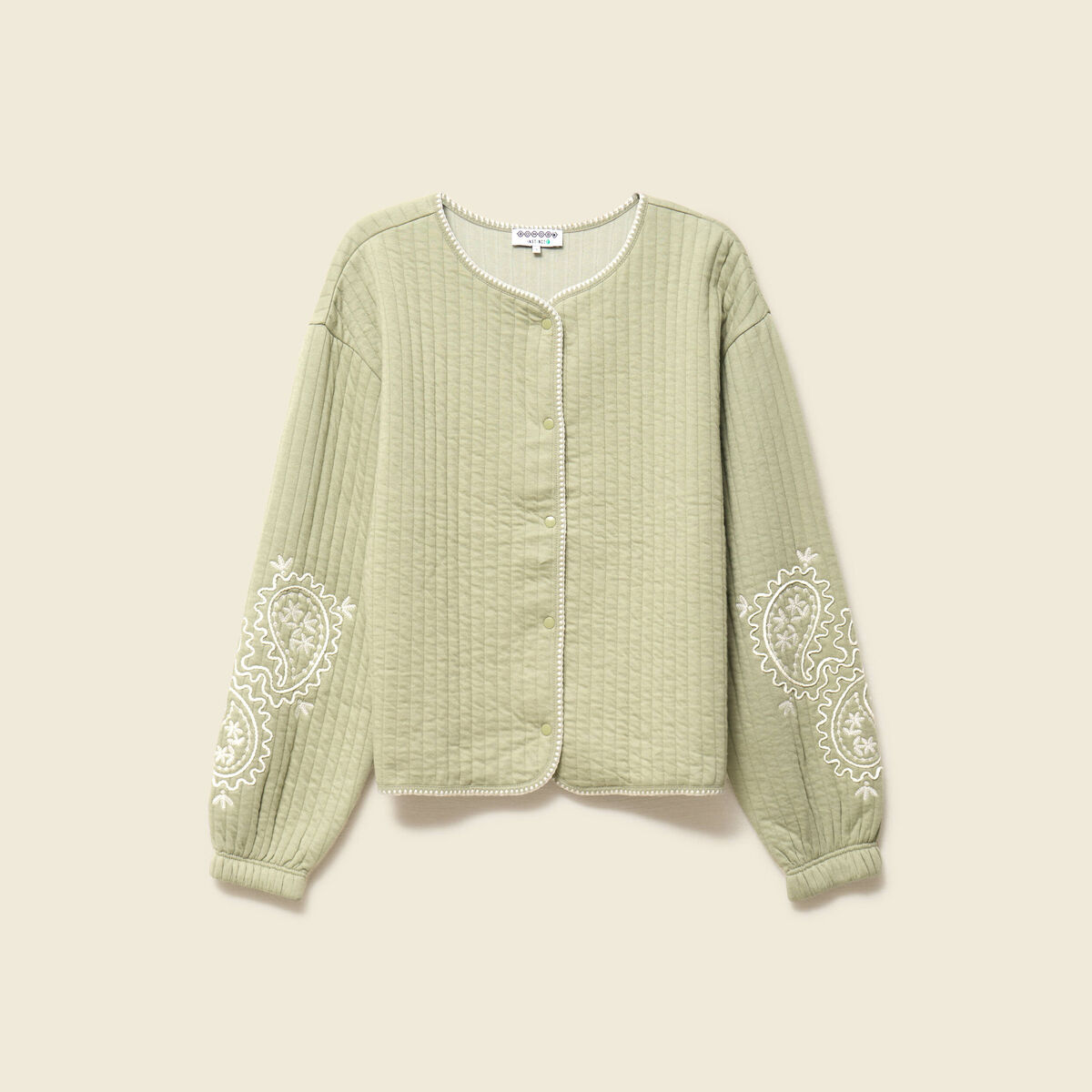 Cardigan droit court col rond brod&eacute; vert kaki femme