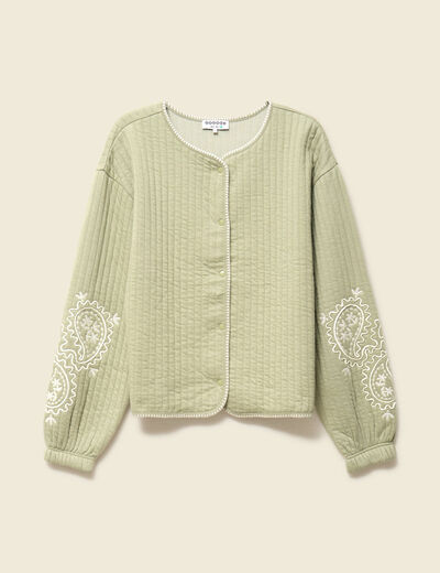 Cardigan droit court col rond brod&eacute; vert kaki femme