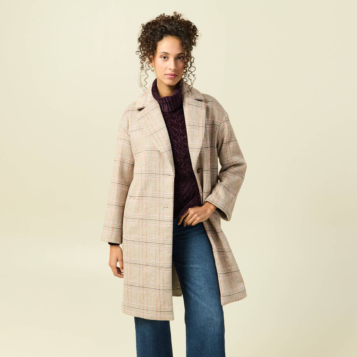 Manteau droit long col tailleur rouge clair femme
