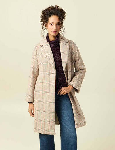 Manteau droit long col tailleur rouge clair femme