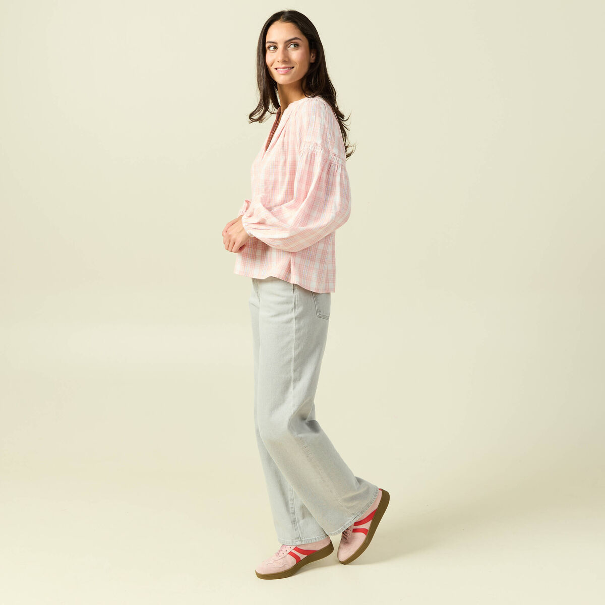Blouse en coton &agrave; carreaux blanc femme