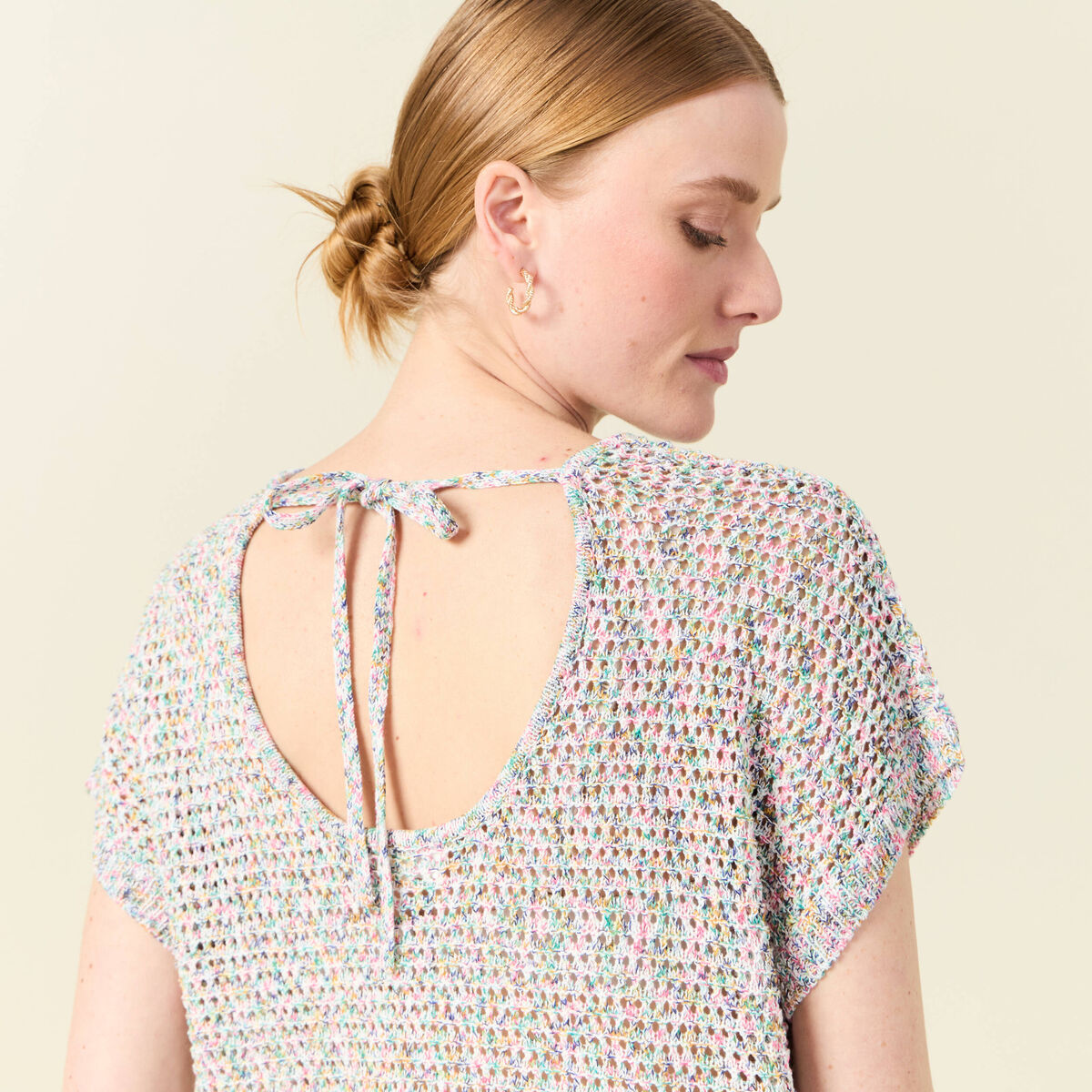 Pull crochet manches courtes vert kaki femme