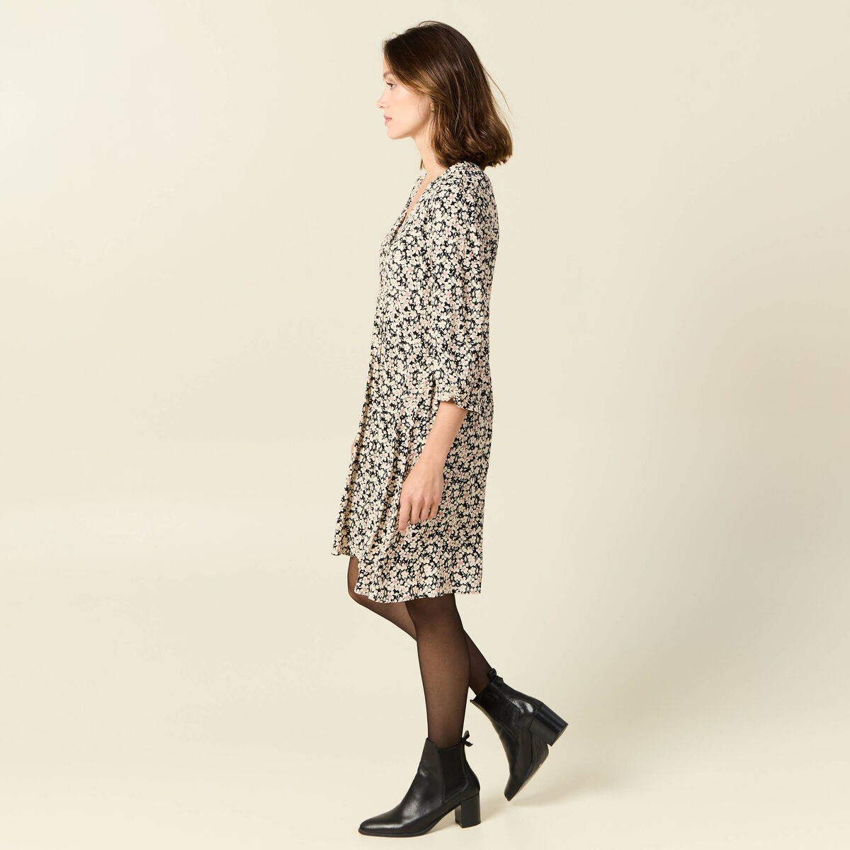 Robe évasée manches 3/4 noir femme