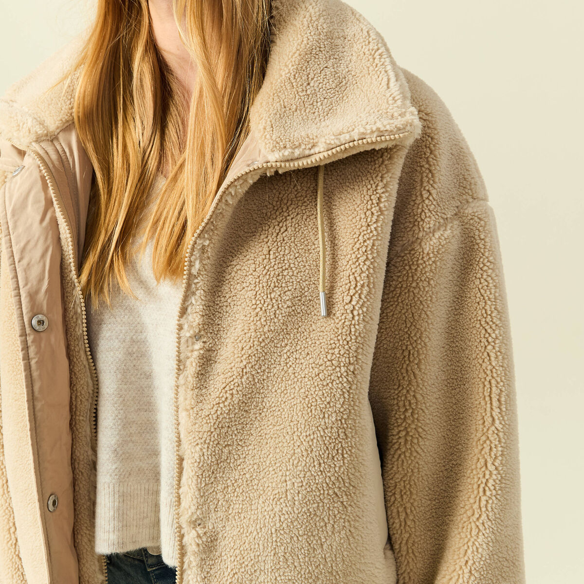 Veste oversize effet polaire col montant creme femme