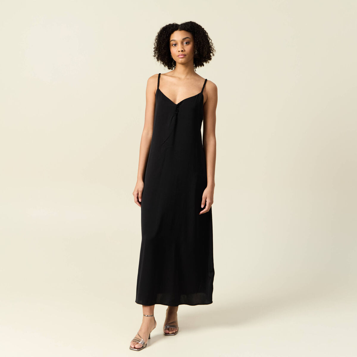 Robe midi droite satin noir femme
