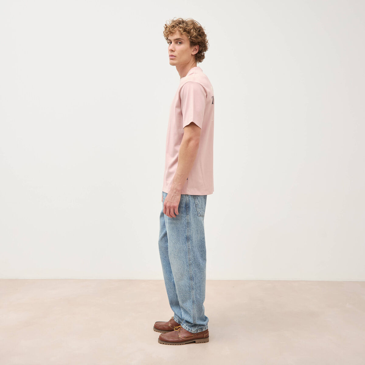 T-shirt droit en coton col ras du cou rose pastel homme