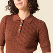 Polo col polo manches coude en coton marron fonc&eacute; femme