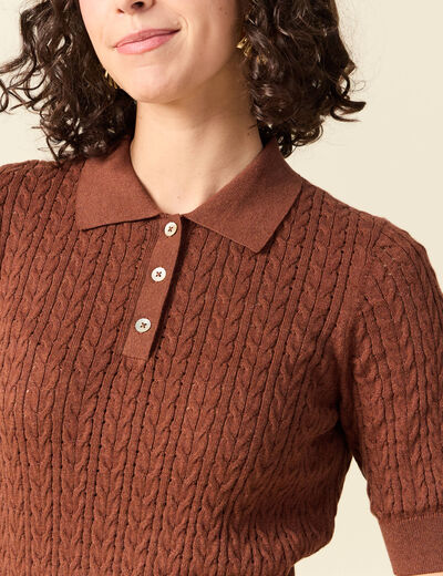 Polo col polo manches coude en coton marron fonc&eacute; femme