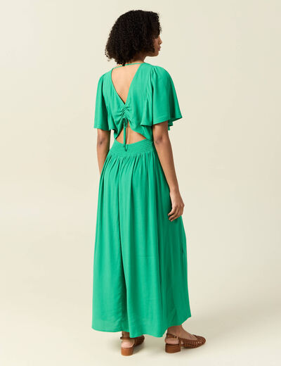 Robe longue évasée fendue vert femme