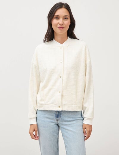 Veste droite manches longues tweed ecru femme